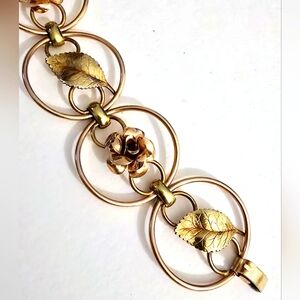 Vintage 50s signed Kremetz Rose Gold Two Tone flower & Leaf Link bracelet